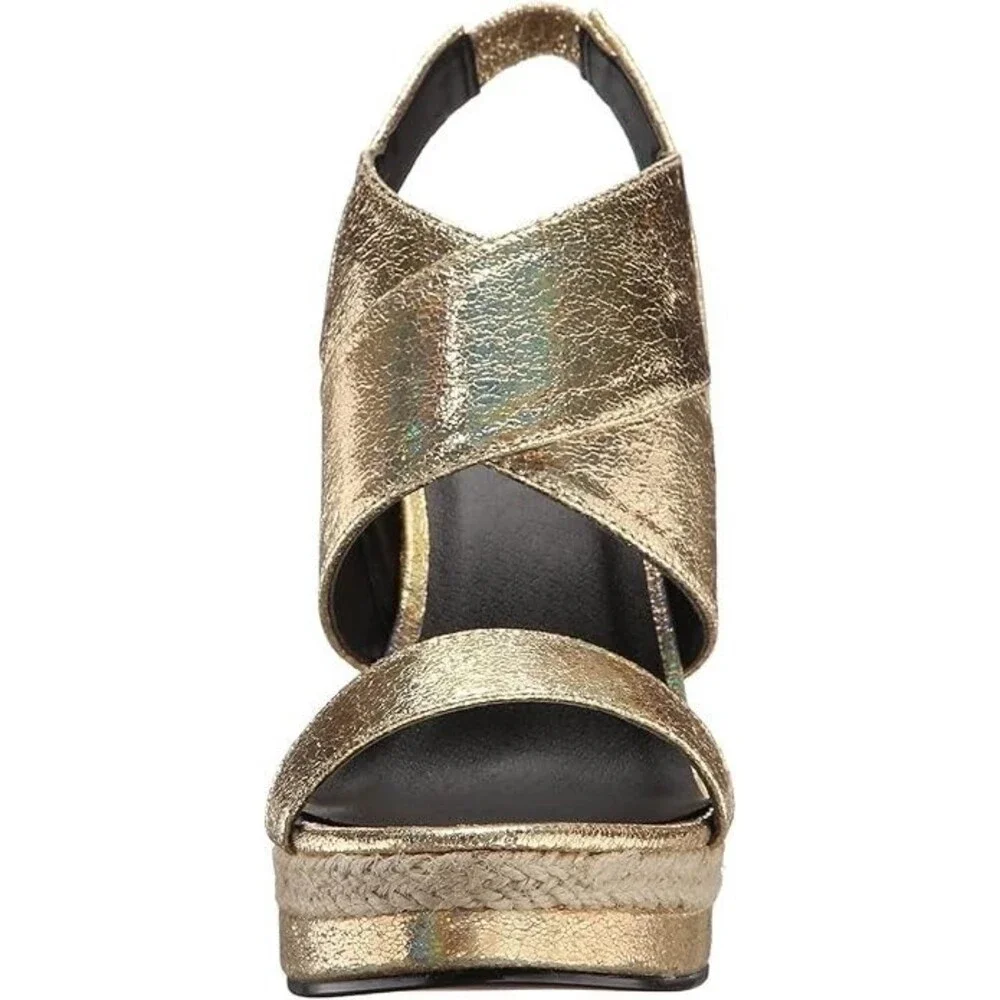 Michael Antonio Gerey Met Metallic Gold Strappy Espadrille Open Toe Wedge Size 9
